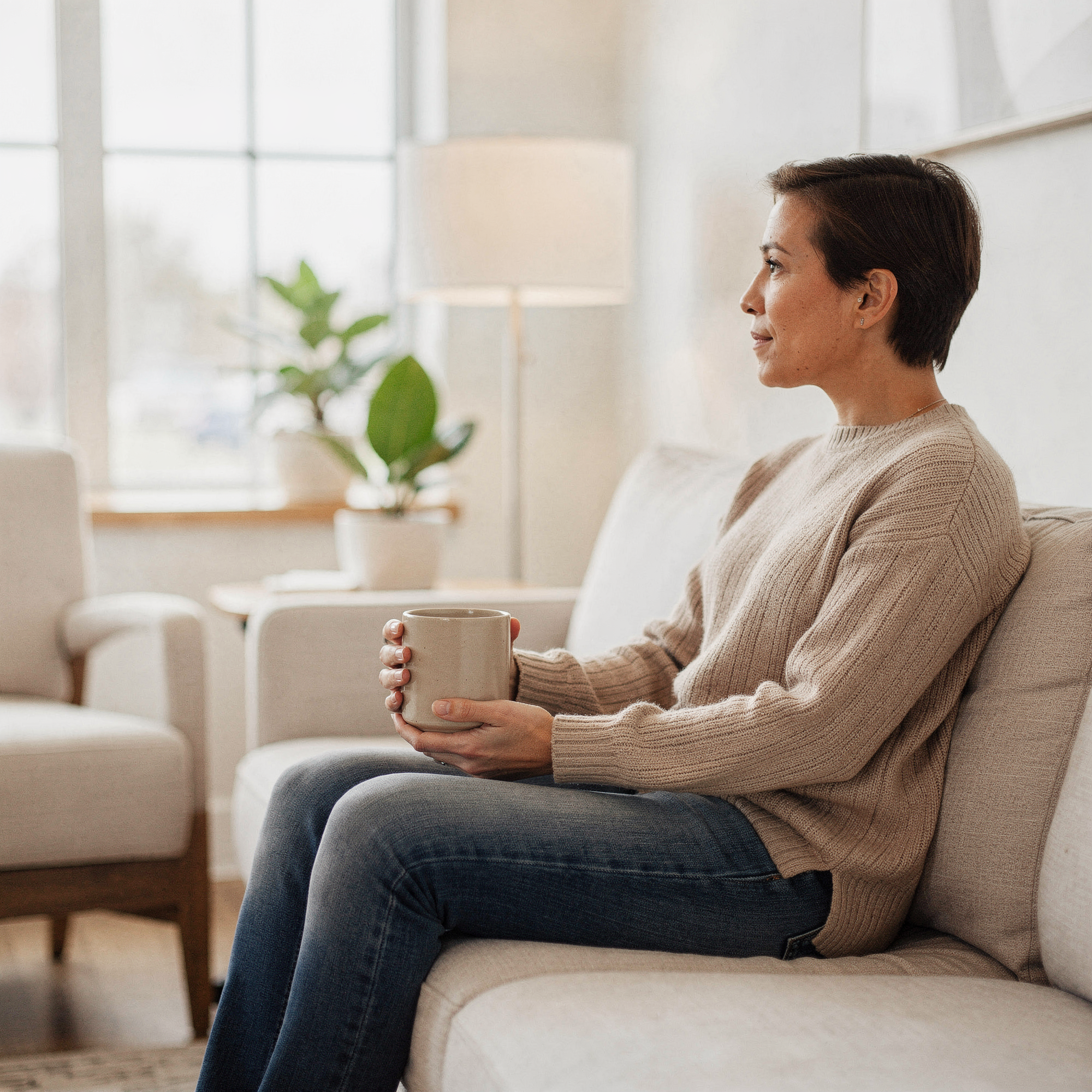 Person sitting on a couch holding a mug, looking out a bright window in a calm, light-filled room